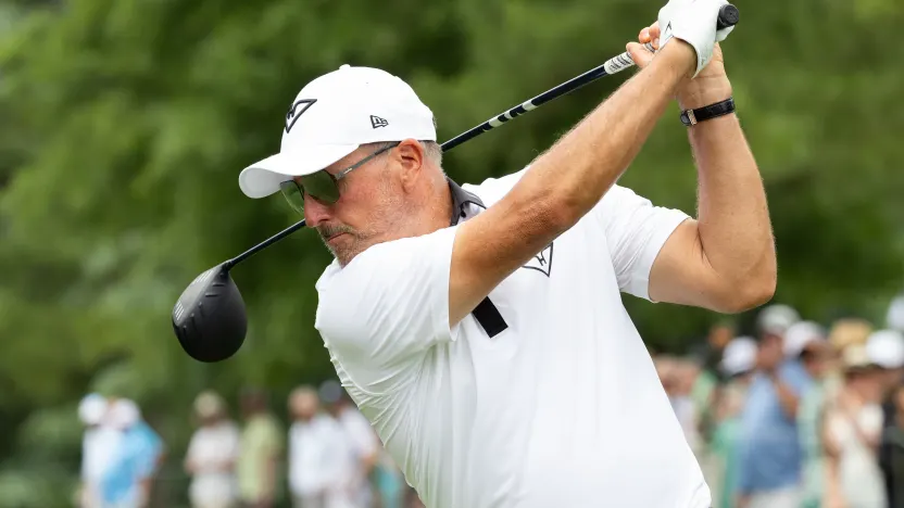 Captain Phil Mickelson of HyFlyers GC hits his shot on the third hole during the second round of the 2025 PGA Championship at Quail Hollow Club on Friday, May 16, 2025 in Charlotte, North Carolina. (Photo by Jon Ferrey/LIV Golf)