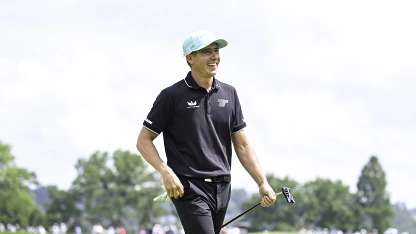 Carlos Ortiz of Torque GC smiles on the sixth green during the third round of the US Open at Oakmont Country Club on Saturday, June 14, 2025 in Oakmont, Pennsylvania. (Photo by Charles Laberge/LIV Golf)