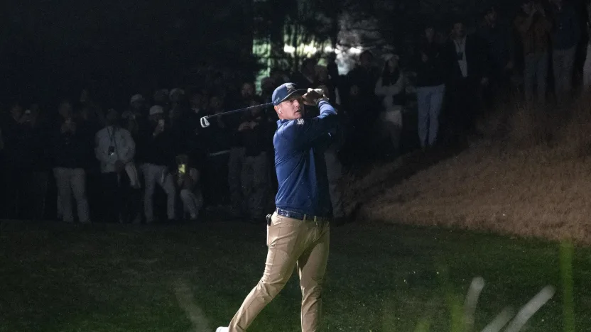 Captain Bryson DeChambeau of Crushers GC hits his shot from the 13th tee during the Showdown at the Shadow Creek Golf Course on Tuesday, Dec. 17, 2024 in Las Vegas, Nevada. (Photo by Montana Pritchard/LIV Golf)