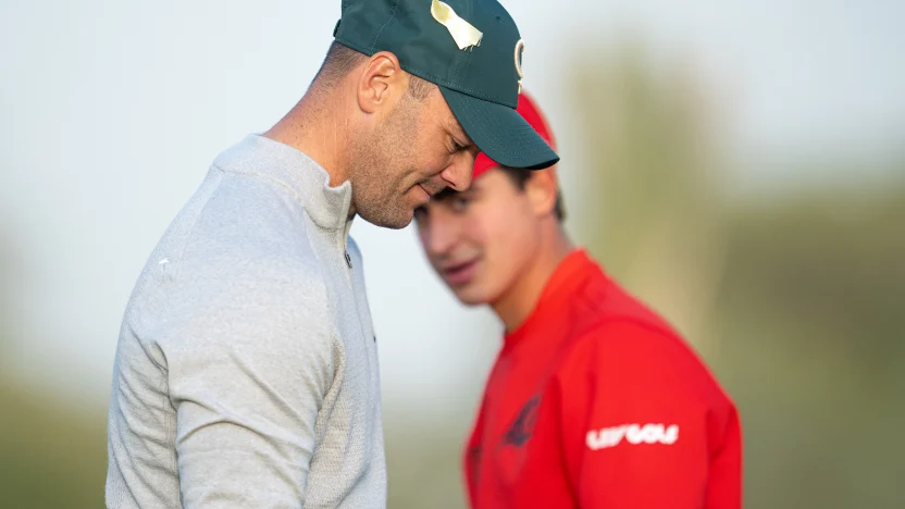 Luis Masaveu of Fireballs GC and Captain Martin Kaymer of Cleeks GC are seen on the practice green before the final round of LIV Golf Riyadh at Riyadh Golf Club on Saturday, February 08, 2025 in Riyadh, Saudi Arabia. (Photo by Mateo Villalba/LIV Golf)