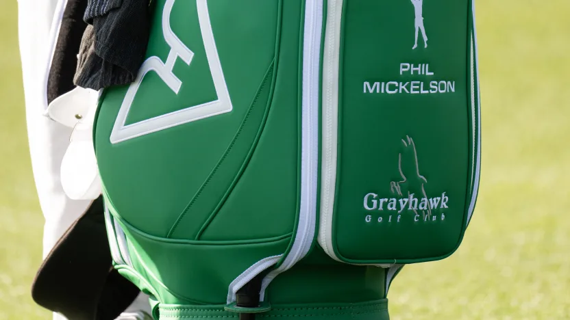 A detail view of the golf bag belonging to Captain Phil Mickelson of HyFlyers GC is seen during the practice round before the start of The Masters at the Augusta National Golf Club on Wednesday, April 09, 2025 in Augusta, Georgia. (Photo by Montana Pritchard/LIV Golf)