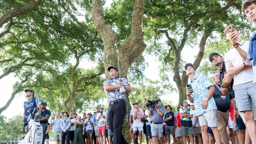Patrick Reed of 4Aces GC hits his shot on the first hole during the second round of LIV Golf Andalucía at Real Club Valderrama on Saturday, July 12, 2025 in San Roque, Spain. (Photo by Charles Laberge/LIV Golf)