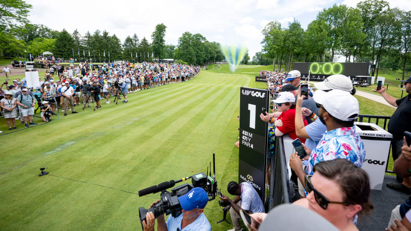 General view of the first tee during the second round of LIV Golf Virginia at Robert Trent Jones Golf Club on Saturday, June 07, 2025 in Gainesville, Virginia. (Photo by Charles Laberge/LIV Golf)