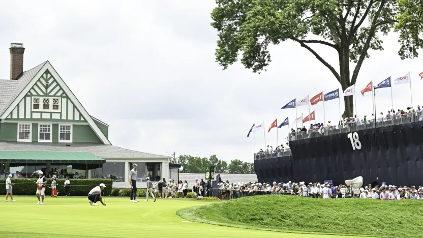 Captain Brooks Koepka of Smash GC reads his putt on the ninth green during the final round of the US Open at Oakmont Country Club on Sunday, June 15, 2025 in Oakmont, Pennsylvania. (Photo by Charles Laberge/LIV Golf)