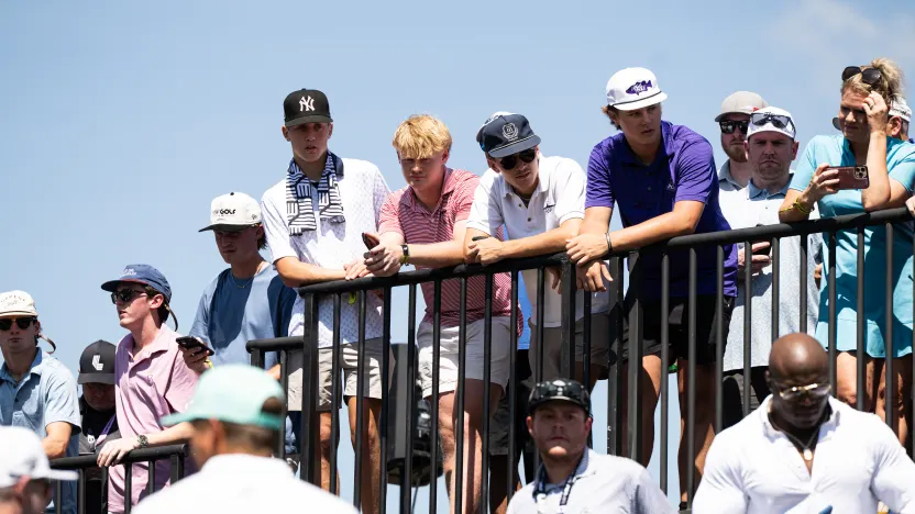 Fans are seen on the 1st tee during the first round of LIV Golf Dallas at Maridoe Golf Club on Friday, June 27, 2025 in Carrollton, Texas. (Photo by Montana Pritchard/LIV Golf)