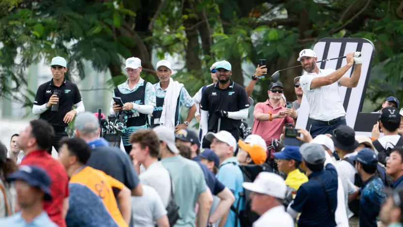 Captain Dustin Johnson of 4Aces GC hits his shot from the 18th tee during the final round of LIV Golf Singapore at Sentosa Golf Club on Sunday, March 16, 2025 in Sentosa, Singapore. (Photo by Charles Laberge/LIV Golf)