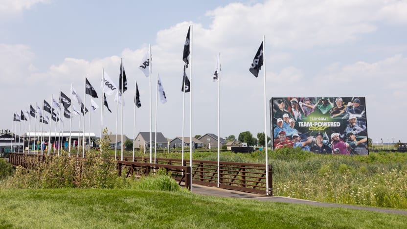 LIV Golf signage and flags seen on the sixteenth hole during the practice round before the start of LIV Golf Chicago at Bolingbrook Golf Club on Tuesday, August 05, 2025 in Bolingbrook, Illinois. (Photo by Chris Trotman/LIV Golf)