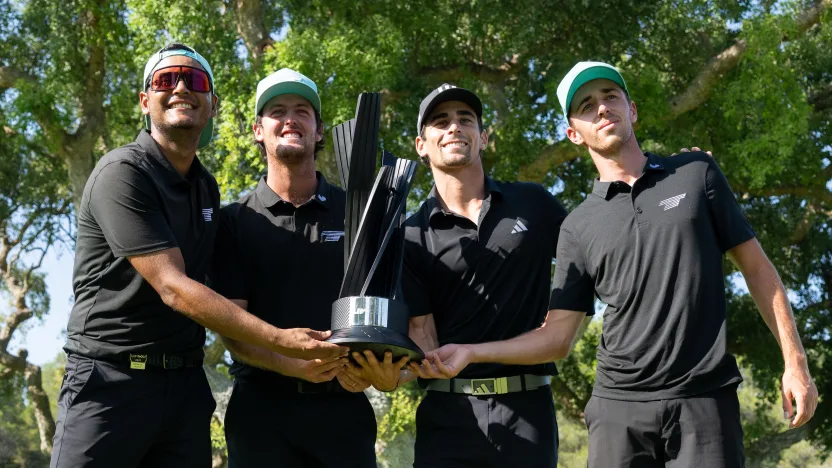 First place team champions Torque GC, (L-R) Sebastián Muñoz, Mito Pereira, Captain Joaquín Niemann and David Puig celebrate with the trophy after LIV Golf Andalucía at the Real Club Valderrama on Sunday, July 02, 2023 in San Roque, Spain. (Photo by Charles Laberge/LIV Golf)
