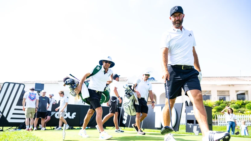 Captain Dustin Johnson of 4Aces GC walks off the 10th tee as caddie, Austin Johnson, Harold Varner III of 4Aces GC, caddie, Chris Rice, Thomas Pieters of 4Aces GC caddie, Adam Marrow, look on during the practice round before the start of LIV Golf Andalucía at Real Club Valderrama on Wednesday, July 09, 2025 in San Roque, Spain. (Photo by Charles Laberge/LIV Golf)