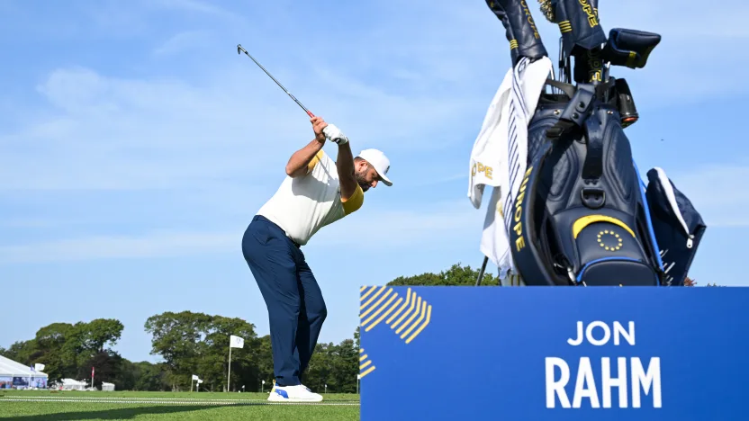 Jon Rahm of Team Europe hits his shot on the driving range during the practice round before the 2025 Ryder Cup at Bethpage Black Golf Course on Tuesday, September 23, 2025 in Farmingdale, New York. (Photo by Charles Laberge/LIV Golf)