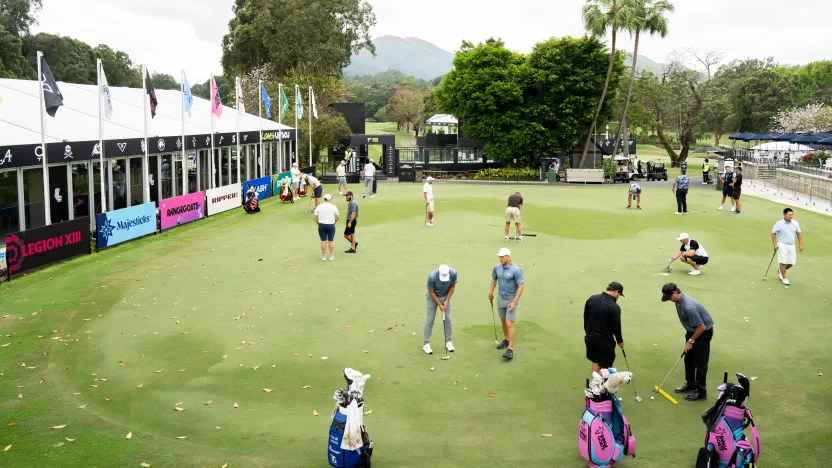 An overview of the putting green during the practice round before the start of LIV Golf Hong Kong at Hong Kong Golf Club Fanling on Tuesday, March 04, 2025 in Fanling, Hong Kong. (Photo by Charles Laberge/LIV Golf)