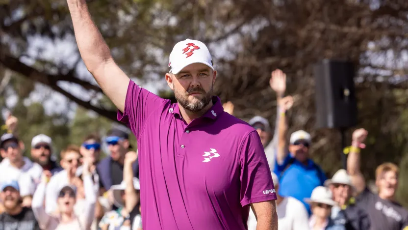 Marc Leishman of Ripper GC reacts to his putt on the 12th hole during the first round of LIV Golf Adelaide at Grange Golf Club on Friday, February 14, 2025 in Adelaide, Australia. (Photo by LIV Golf)