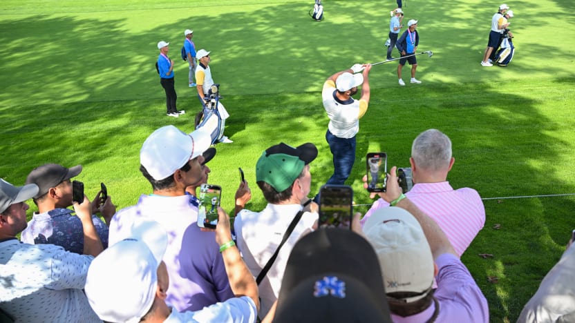 Fans watch as Jon Rahm of Team Europe hits his shot during the practice round before the start of Ryder Cup at Bethpage Black Golf Course on Tuesday, September 23, 2025 in Farmingdale, New York. (Photo by Charles Laberge/LIV Golf)