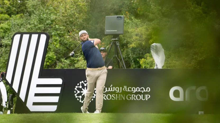 Captain Jon Rahm of Legion XIII hits his shot from the 15th tee during the practice round before the start of LIV Golf United Kingdom by JCB at JCB Golf & Country Club on Tuesday, July 22, 2025 in Rocester, England. (Photo by Charles Laberge/LIV Golf)
