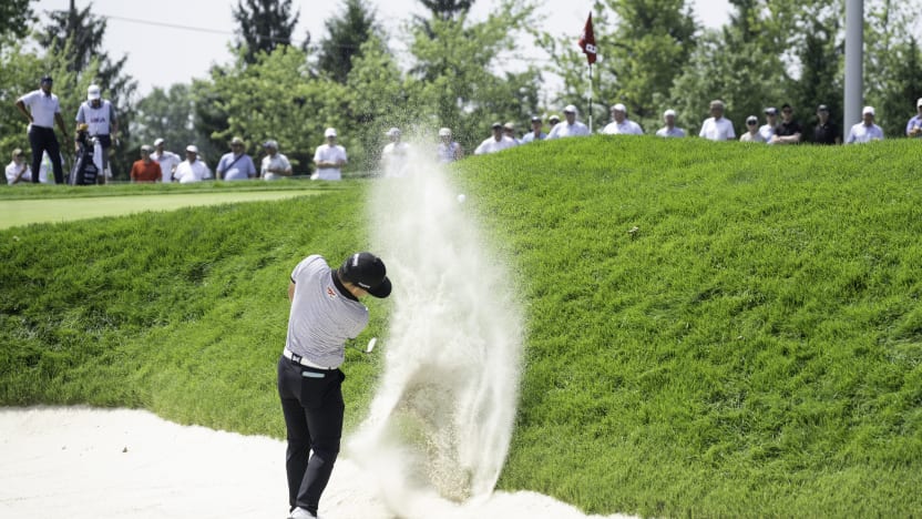 Jinichiro Kozuma of Iron Heads GC hits his shot from a bunker on the ninth hole during the first round of the US Open at Oakmont Country Club on Thursday, June 12, 2025 in Oakmont, Pennsylvania. (Photo by Charles Laberge/LIV Golf)
