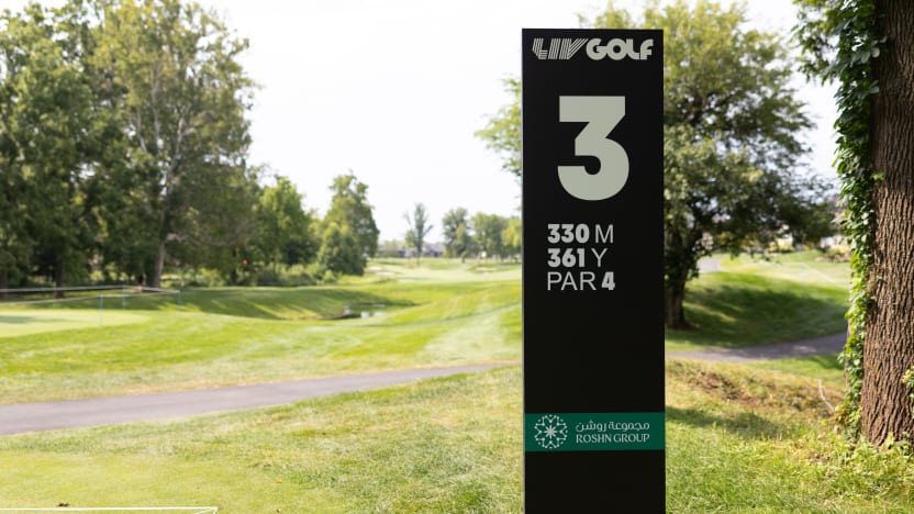 ROSHN Group sigange is seen on the third hole during the practice round before the start of LIV Golf Indianapolis at The Club at Chatham Hills on Tuesday, August 12, 2025 in Westfield, Indiana. (Photo by Scott Taetsch/LIV Golf)