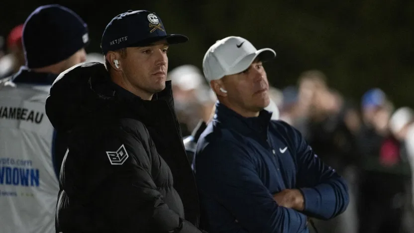 Captain Bryson DeChambeau of Crushers GC and Captain Brooks Koepka of Smash GC are seen on the 12th green during the Showdown at the Shadow Creek Golf Course on Tuesday, Dec. 17, 2024 in Las Vegas, Nevada. (Photo by Montana Pritchard/LIV Golf)