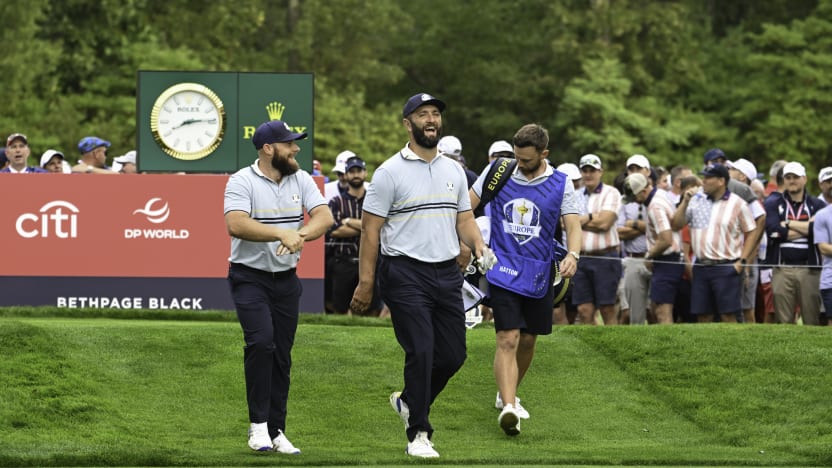 Tyrrell Hatton and Jon Rahm of Team Europe walk the ninth hole during the morning foursomes of the Ryder Cup at Bethpage Black Golf Course on Friday, September 26, 2025 in Farmingdale, New York. (Photo by Charles Laberge/LIV Golf)