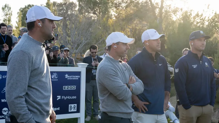 Scottie Scheffler, Rory McIlroy, Captain Brooks Koepka of Smash GC and Captain Bryson DeChambeau of Crushers GC are seen on the first tee during the Showdown at the Shadow Creek Golf Course on Tuesday, Dec. 17, 2024 in Las Vegas, Nevada. (Photo by Montana Pritchard/LIV Golf)