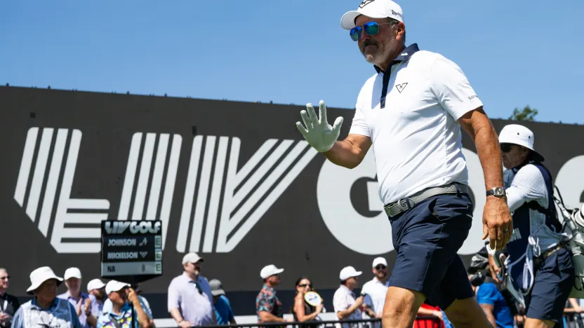 Captain Phil Mickelson of HyFlyers GC walks off the 1st tee during the first round of LIV Golf Dallas at Maridoe Golf Club on Friday, June 27, 2025 in Carrollton, Texas. (Photo by Montana Pritchard/LIV Golf)