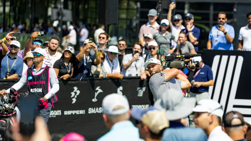 Captain Jon Rahm of Legion XIII hits his shot from the first tee during the first round of LIV Golf Chicago at Bolingbrook Golf Club on Friday, August 08, 2025 in Bolingbrook, Illinois. (Photo by Jon Ferrey/LIV Golf)