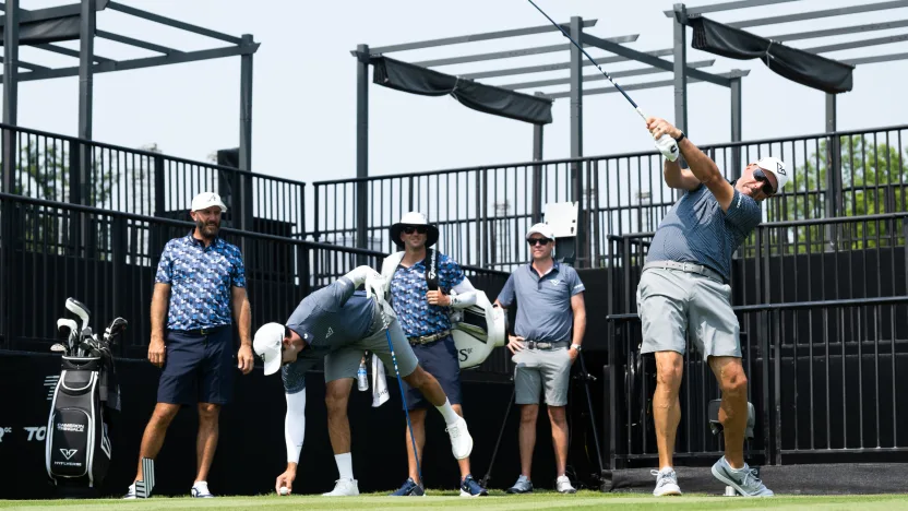 Captain Phil Mickelson of HyFlyers GC hits his shot from the first tee during the practice round before the start of LIV Golf Virginia at Robert Trent Jones Golf Club on Tuesday, June 03, 2025 in Gainesville, Virginia. (Photo by Charles Laberge/LIV Golf)