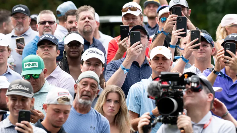 Fans are seen on the first hole during the final round of LIV Golf Indianapolis at The Club at Chatham Hills on Sunday, August 17, 2025 in Westfield, Indiana. (Photo by LIV Golf)