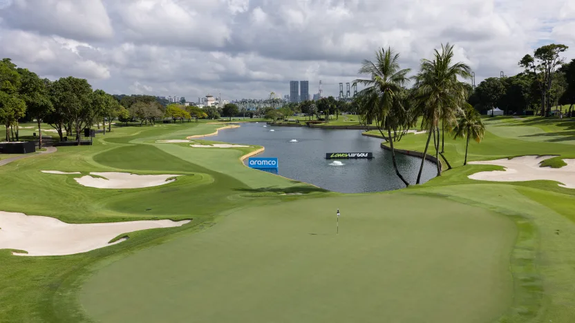 An overview of the 18th hole during the practice round before the start of LIV Golf Singapore at Sentosa Golf Club on Tuesday, March 11, 2025 in Sentosa, Singapore. (Photo by Chris Trotman/LIV Golf)