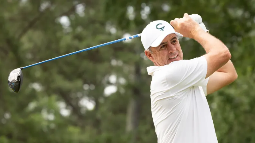 Richard Bland of Cleeks GC hits his shot from the third tee during the final round of the 2025 PGA Championship at Quail Hollow Club on Sunday, May 18, 2025 in Charlotte, North Carolina. (Photo by Jon Ferrey/LIV Golf)
