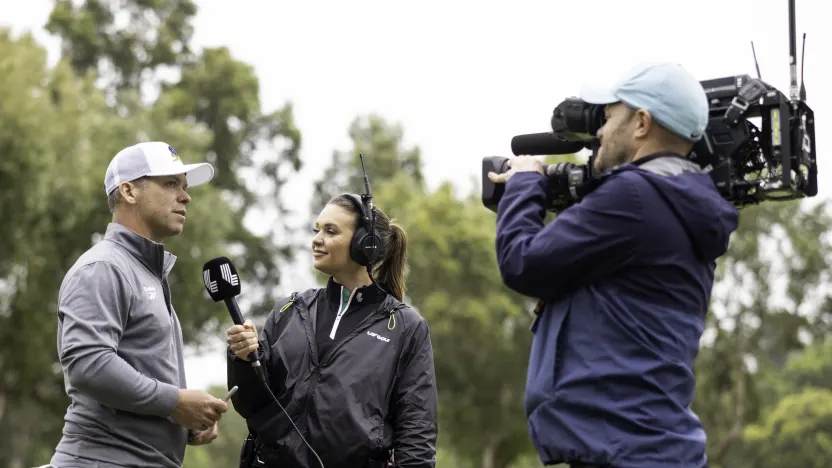 LIV Golf Broadcast member, Rachel Drummond interviews Paul Casey of Crushers GC after the first round of LIV Golf Hong Kong at Hong Kong Golf Club Fanling on Friday, March 07, 2025 in Fanling, Hong Kong. (Photo by Chris Trotman/LIV Golf)