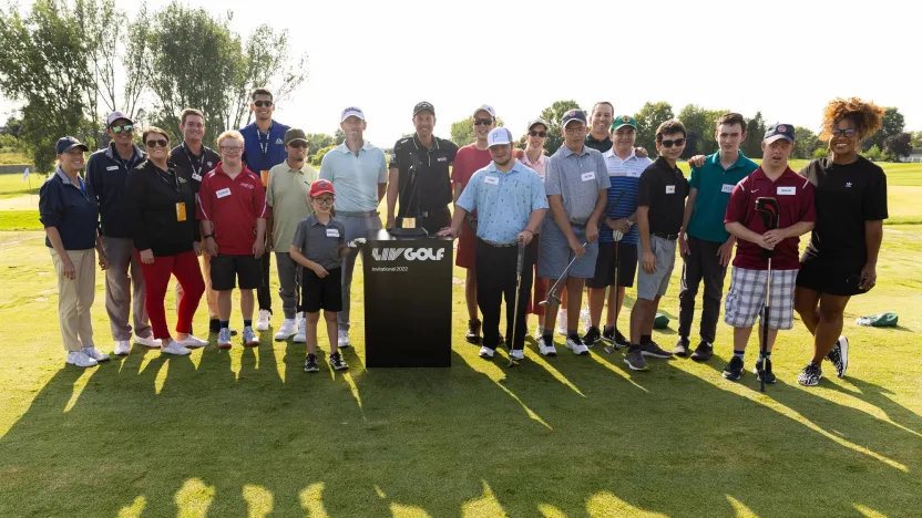 SUGAR GROVE, ILLINOIS - SEPTEMBER 13: Sergio Garcia, Henrik Stenson and Charles Howell III conduct a golf clinic during practice round prior to the LIV Golf Invitational - Chicago at Rich Harvest Farms on September 13, 2022 in Sugar Grove, Illinois. (Photo by Jonathan Ferrey/LIV Golf/via Getty Images)