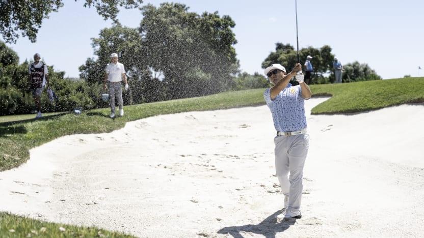 Jinichiro Kozuma of Iron Heads GC hits his shot from the bunker during the first round of LIV Golf Andalucía at Real Club Valderrama on Friday, July 11, 2025 in San Roque, Spain. (Photo by Mateo Villalba/LIV Golf)