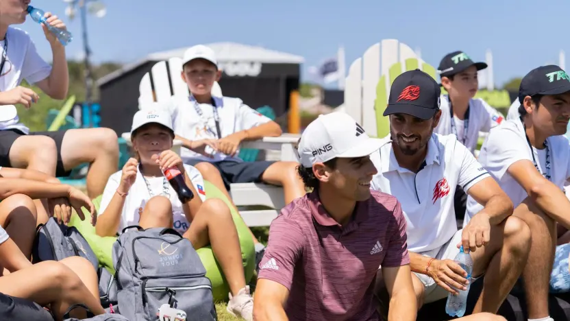 The Junior Tour meet Captain Joaquín Niemann of Torque GC and Abraham Ancer of Fireballs GC on behalf of Futbol Mas during the pro-am ahead of this week’s tournament of at the El Camaleón Golf Course on Thursday, Feb. 23, 2023 in Playa del Carmen, Mexico. (Photo by Idris Erba/LIV Golf)