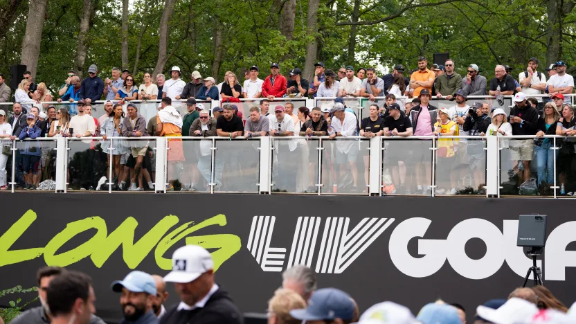 Fans are seen on the first tee during the final round of LIV Golf United Kingdom at JCB Golf & Country Club on Sunday, July 27, 2025 in Rocester, England. (Photo by Pedro Salado/LIV Golf)