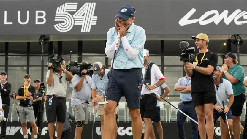 Captain Sergio Garcia of Fireballs GC reacts on the 18th green during The Duels before the start of LIV Golf Miami at Trump National Doral on Thursday, April 03, 2025 in Miami, Florida. (Photo by Charles Laberge/LIV Golf)