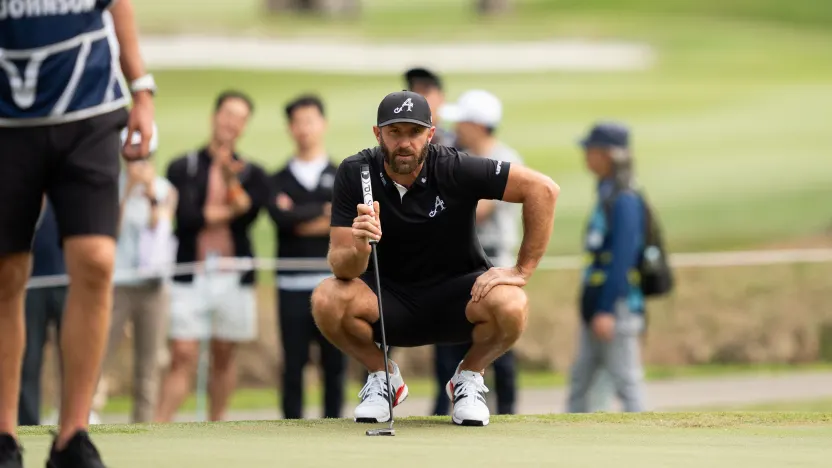 Captain Dustin Johnson of 4Aces GC reads his putt on the ninth green during the final round of LIV Golf Hong Kong at Hong Kong Golf Club Fanling on Sunday, March 09, 2025 in Fanling, Hong Kong. (Photo by Pedro Salado/LIV Golf)