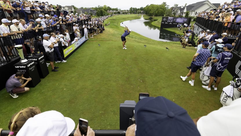 Captain Dustin Johnson of 4Aces GC hits his shot from the first tee during the final round of LIV Golf Indianapolis at The Club at Chatham Hills on Sunday, August 17, 2025 in Westfield, Indiana. (Photo by Scott Taetsch/LIV Golf)