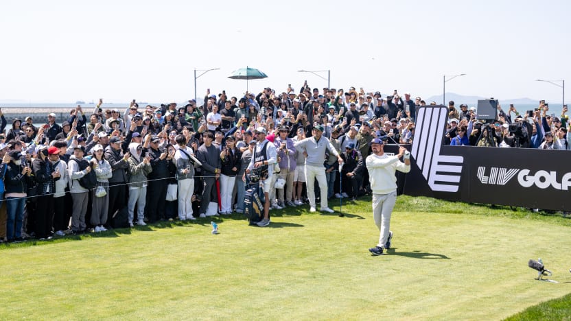 Captain Bryson DeChambeau of Crushers GC hits his shot from the second tee during the final round of LIV Golf Korea at Jack Nicklaus Golf Club on Sunday, May 04, 2025 in Incheon, South Korea. (Photo by Charles Laberge/LIV Golf)