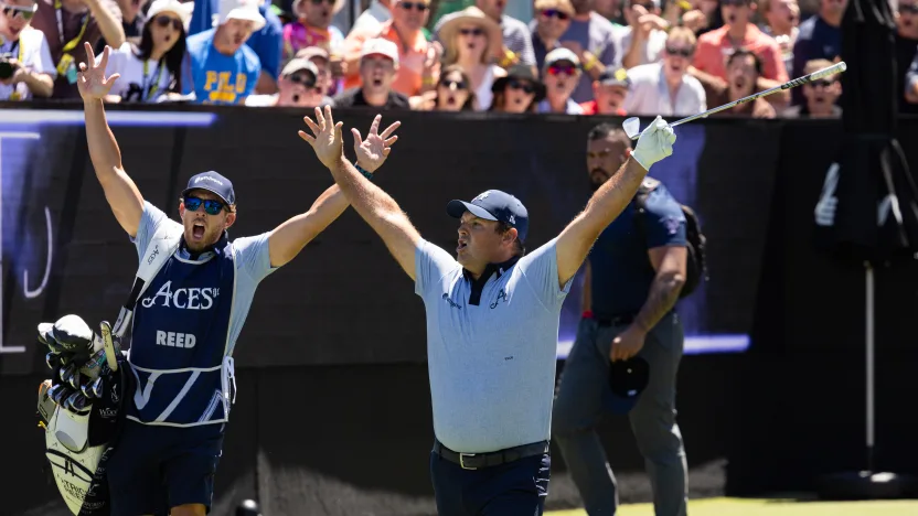 Patrick Reed of 4Aces GC reacts to his hole-in-one on the 12th hole during the first round of LIV Golf Adelaide at Grange Golf Club on Friday, February 14, 2025 in Adelaide, Australia. (Photo by Jon Ferrey/LIV Golf)