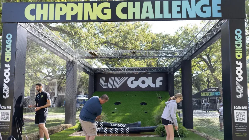 Fans enjoy the Chipping Challenge in the Fan Zone during the final round of LIV Golf Chicago at the Rich Harvest Farms on Sunday, September 24, 2023 in Sugar Grove, Illinois. (Photo by Jon Ferrey/LIV Golf)