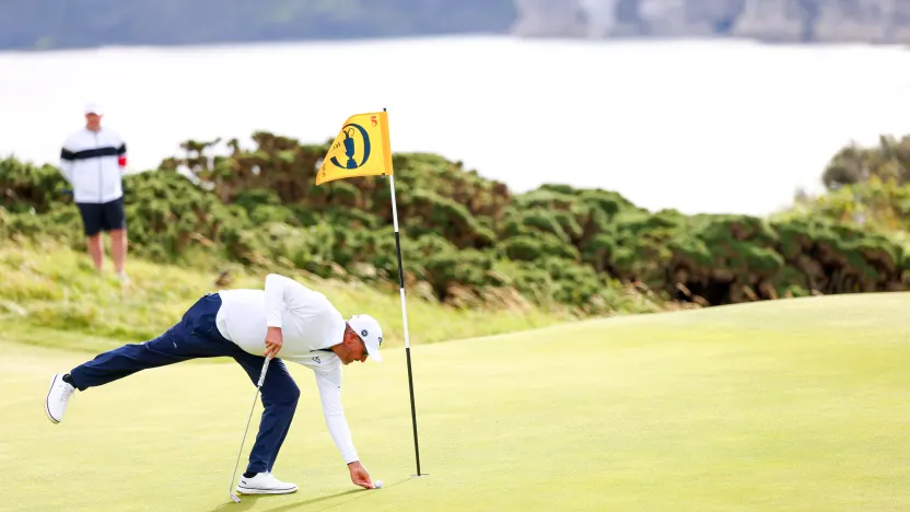 Captain Phil Mickelson of HyFlyers GC picks up his ball on the fifth green during the first round of The Open Championship at Royal Portrush Golf Club on Thursday, July 17, 2025 in Portrush, Northern Ireland. (Photo by Chris Trotman/LIV Golf)