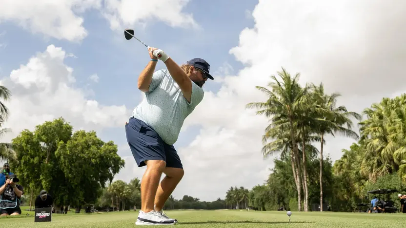 Content creator, Fat Perez, hits his shot from the 12th tee during The Duels before the start of LIV Golf Miami at Trump National Doral on Thursday, April 03, 2025 in Miami, Florida. (Photo by Charles Laberge/LIV Golf)