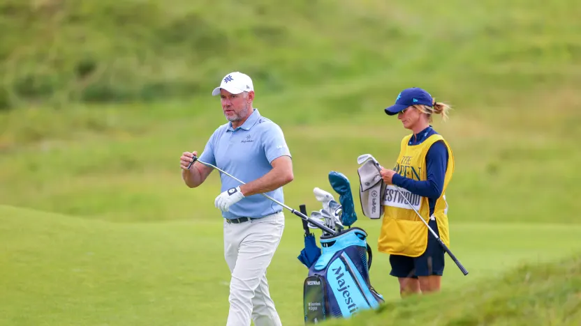 Co-Captain Lee Westwood of Majesticks GC seen with his caddie Helen Westwood during the third round of The Open Championship at Royal Portrush Golf Club on Saturday, July 19, 2025 in Portrush, Northern Ireland. (Photo by Chris Trotman/LIV Golf)