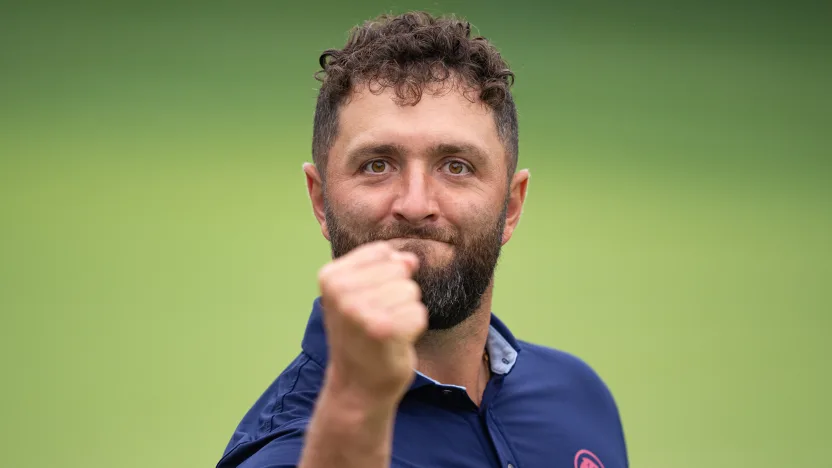 Captain Jon Rahm of Legion XIII reacts to a putt on the second green during the practice round before the start of LIV Golf Team Championship Michigan at The Cardinal at Saint John’s on Tuesday, August 19, 2025 in Plymouth, MIchigan. (Photo by Pedro Salado/LIV Golf)