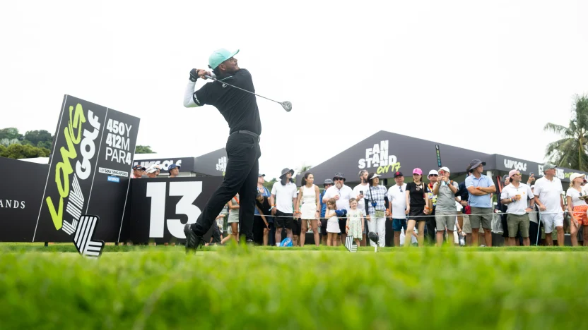 Sebastián Muñoz of Torque GC hits his shot from the 13th tee during the final round of LIV Golf Singapore at Sentosa Golf Club on Sunday, March 16, 2025 in Sentosa, Singapore. (Photo by Charles Laberge/LIV Golf)