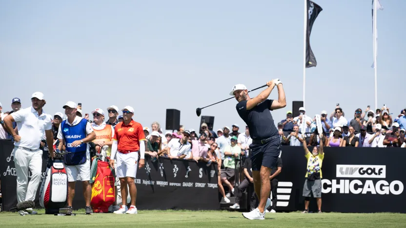 Captain Dustin Johnson of 4Aces GC hits his shot from the first tee during the second round of LIV Golf Chicago at Bolingbrook Golf Club on Saturday, August 09, 2025 in Bolingbrook, Illinois. (Photo by Charles Laberge/LIV Golf)