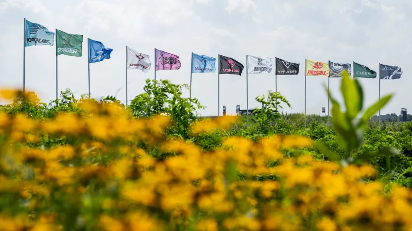 A general view of LIV Golf team flags during the practice round before the start of LIV Golf Chicago at Bolingbrook Golf Club on Tuesday, August 05, 2025 in Bolingbrook, Illinois. (Photo by Charles Laberge/LIV Golf)