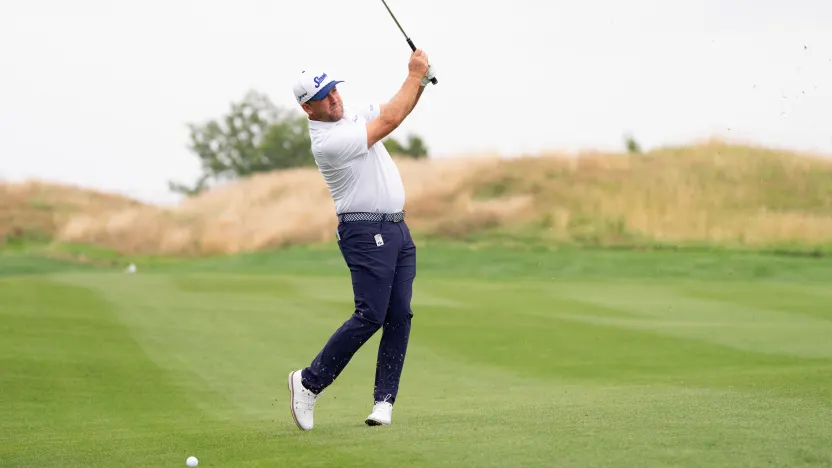 Graeme McDowell of Smash GC hits his shot on the 10th hole during the practice round before the start of LIV Golf United Kingdom at JCB Golf & Country Club on Wednesday, July 23, 2025 in Rocester, England. (Photo by Pedro Salado/LIV Golf)