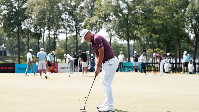 Caleb Surratt of Legion XIII putts on the practice putting green during the first round of LIV Golf Virginia at Robert Trent Jones Golf Club on Friday, June 06, 2025 in Gainesville, Virginia. (Photo by Pedro Salado/LIV Golf)