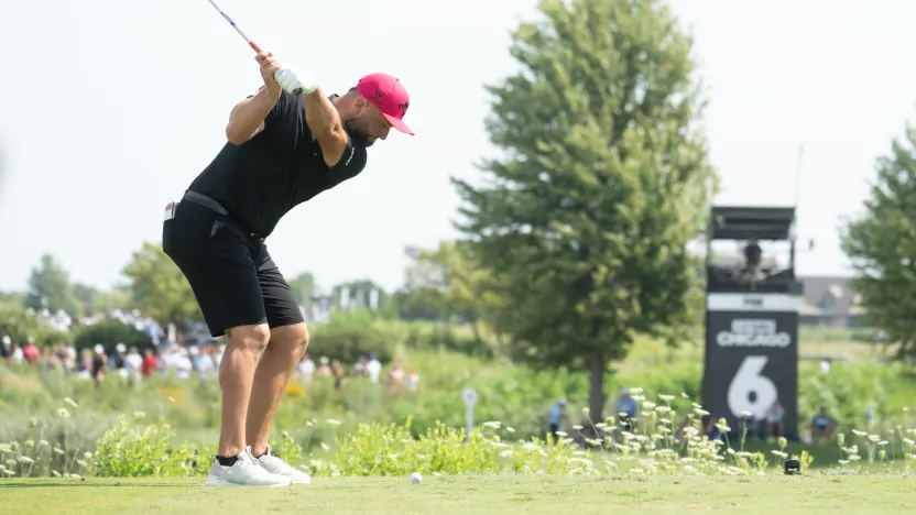 Captain Jon Rahm of Legion XIII hits his shot from the sixth tee during the final round of LIV Golf Chicago at Bolingbrook Golf Club on Sunday, August 10, 2025 in Bolingbrook, Illinois. (Photo by Charles Laberge/LIV Golf)